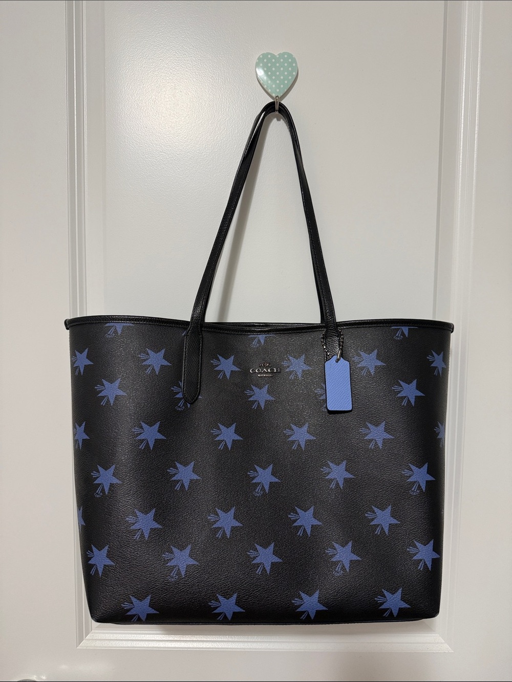 Coach Black Tote with Blue Star Print and Blue Tag